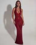 Vestido largo brillante con escote halter