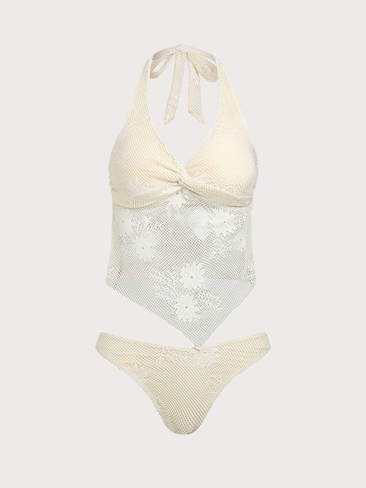 Set Tankini de Malla Beige con Dobladillo Asimétrico