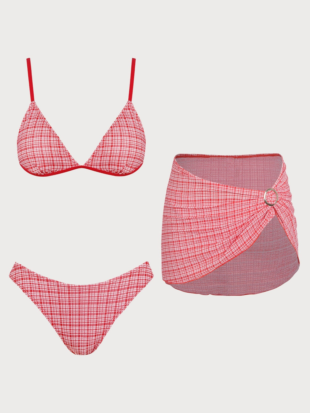 Set Bikini de Tres Piezas a Cuadros Rojo