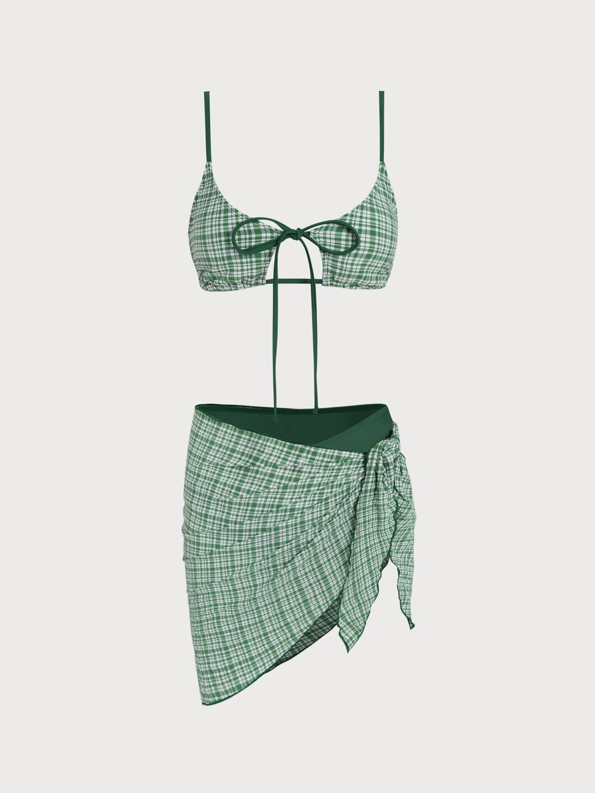 Set Bikini de Tres Piezas a Cuadros Verde con Amarre Frontal